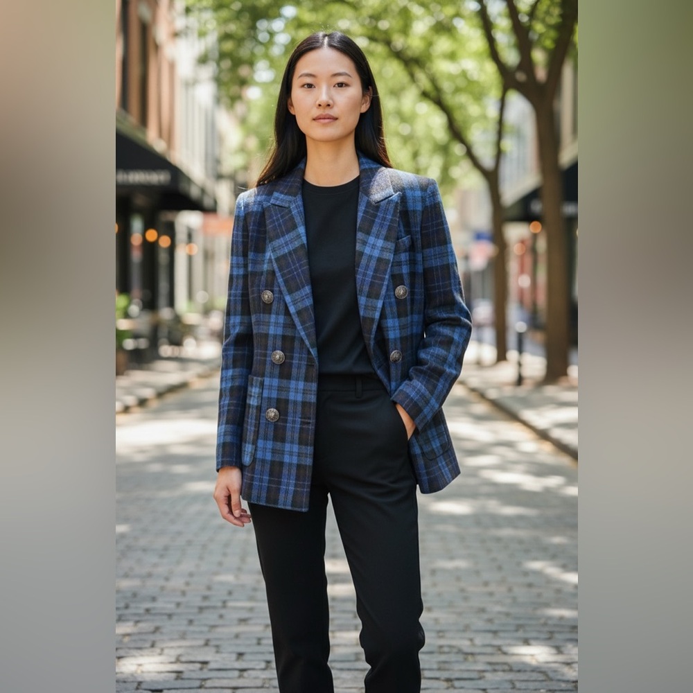 Doe & Rae Blue Plaid Blazer Sz M NWOT | Double Breasted Boutique Layer